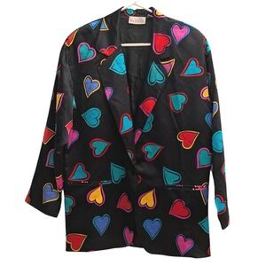 Vintage Adrianna Papell Black Silk Hearts Blazer Jacket Women Size 8 Multi Color